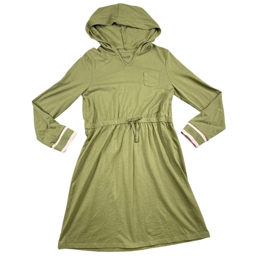 Evsie Girls Olive Green Hooded Knit Dress XL 13/14 Long Sleeve Drawstring Waist